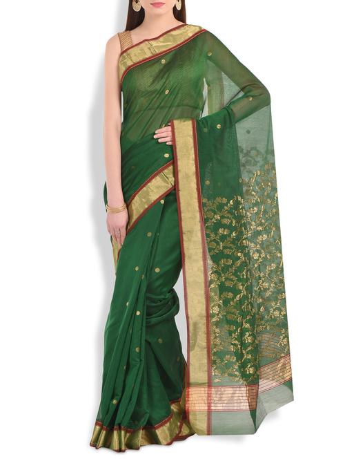 dark green floral brocade chanderi silk saree - 10064732 - Very Small Image - 1