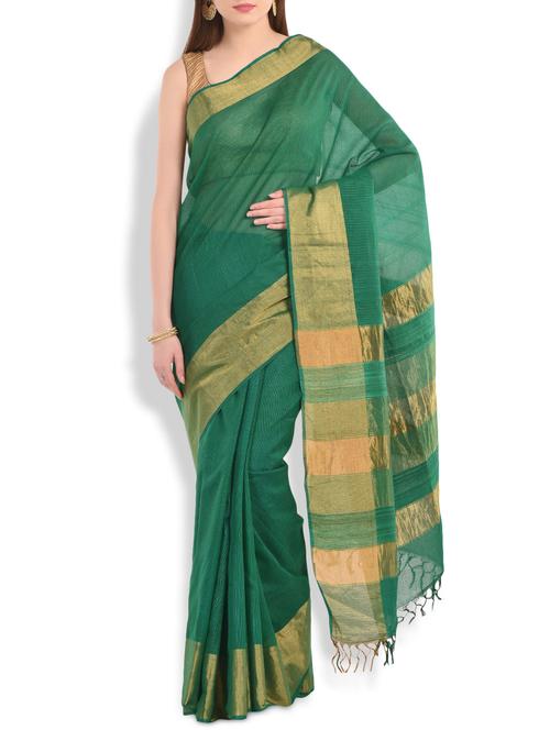 forest green chanderi silk saree with gold border - 10064734 - Very Small Image - 1