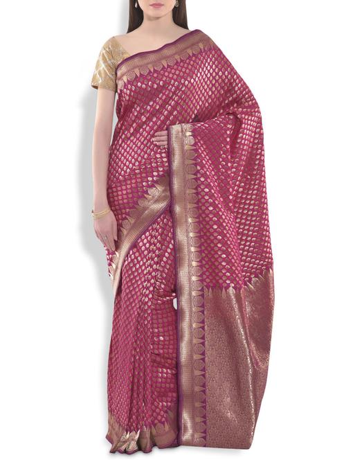 onion pink floral brocade banarasi silk saree - 10064735 - Very Small Image - 1