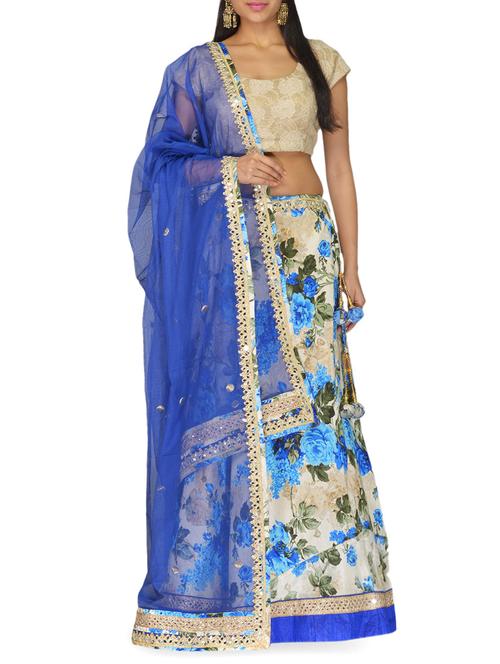 blue and beige floral printed matka silk lehenga set - 10068298 - Very Small Image - 1