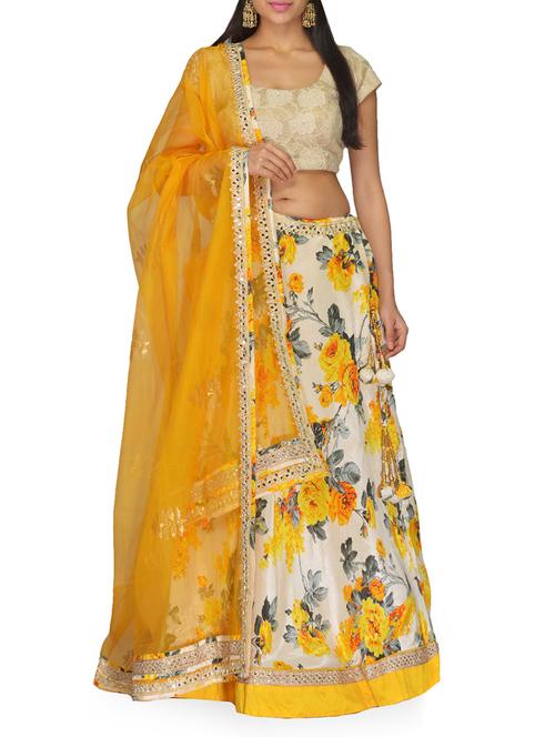 yellow and beige floral printed matka silk lehenga set - 10068300 - Very Small Image - 1