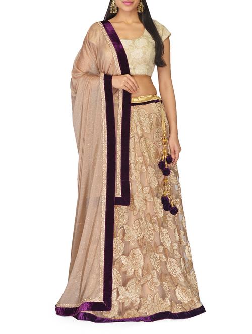 beige floral patchworked net lehenga set - 10068329 - Very Small Image - 1
