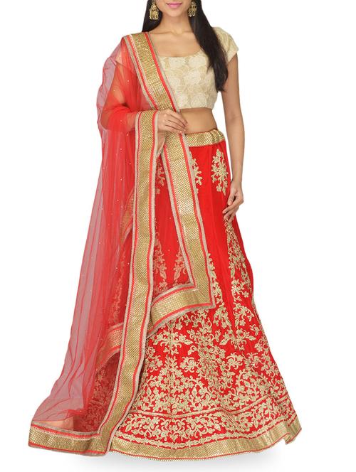 red patchworked velvet lehenga set - 10068334 - Very Small Image - 1