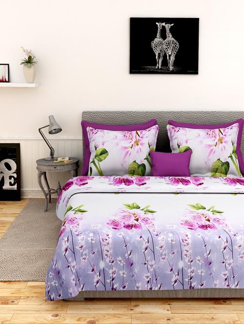 first row alluring purple printed bedsheet with two pillow cover - 10068355 - Very Small Image - 1