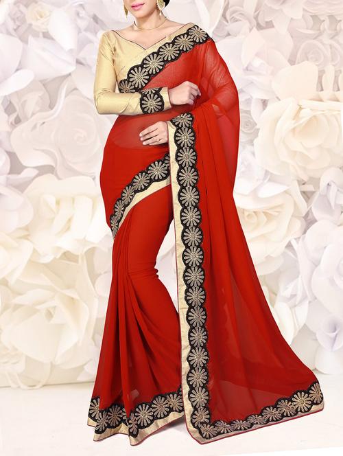 red faux georgette saree - 10068934 - Very Small Image - 1