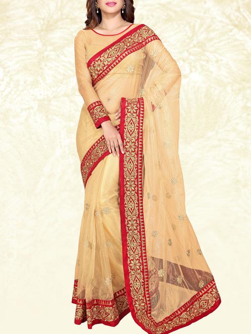 beige net embroidered saree with blouse - 10068962 - Very Small Image - 1