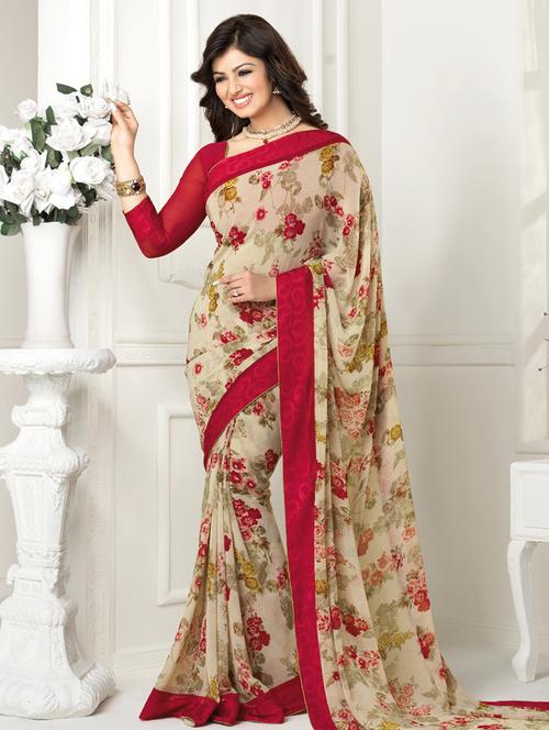red , beige georgette saree - 10072684 - Very Small Image - 1