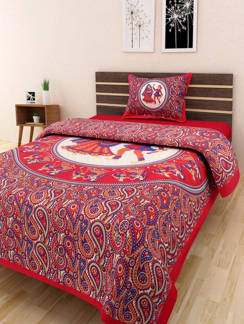 red cotton dandiya print single bedsheet with one pillow cover - 10072758 - Very Small Image - 1