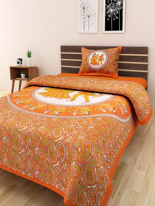 orange cotton dandiya print single bedsheet with one pillow cover - 10072761 - Very Small Image - 1