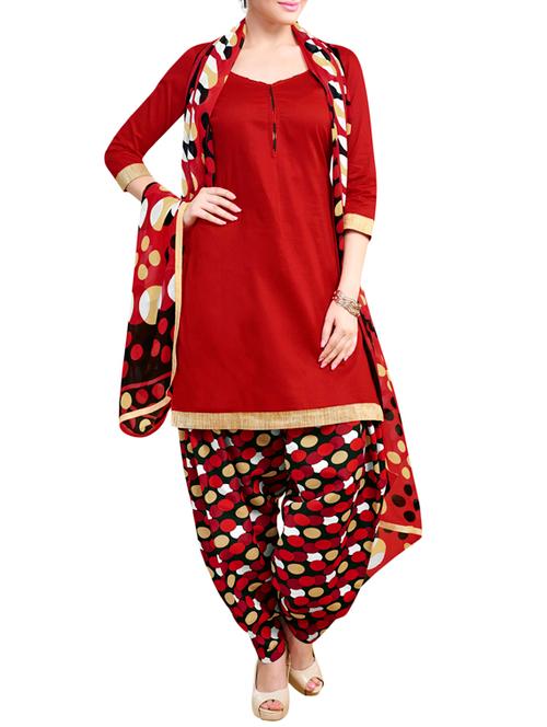 red cotton blend unstitched suit - 10077954 - Very Small Image - 1
