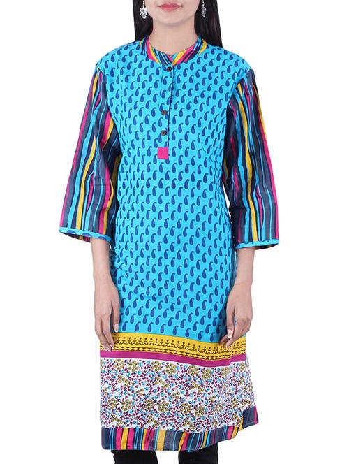 turquoise cotton kurta - 10077963 - Very Small Image - 1