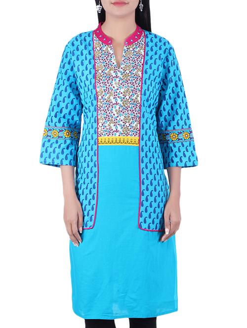 turquoise cotton kurta - 10077971 - Very Small Image - 1