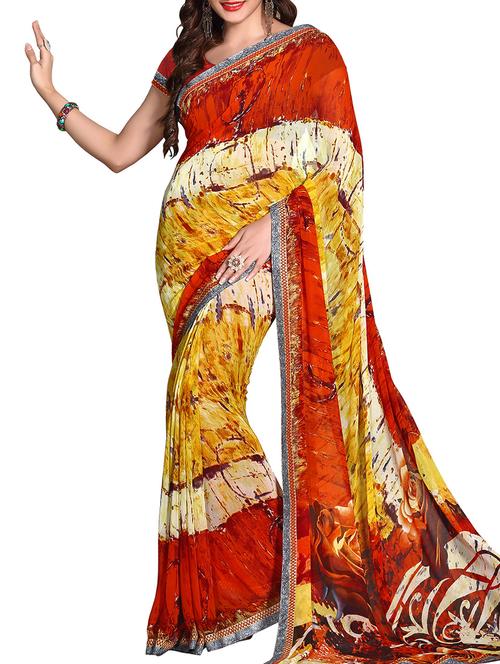 red, mustard faux georgette saree - 10080654 - Very Small Image - 1
