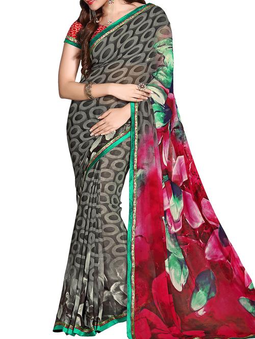 red, grey, black faux georgette saree - 10080657 - Very Small Image - 1
