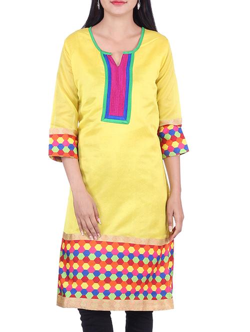 yellow chanderi straight kurta - 10082346 - Very Small Image - 1