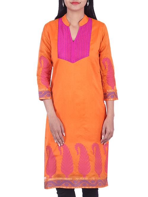 orange silk straight kurta - 10082434 - Very Small Image - 1