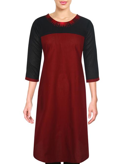maroon, black cotton kurta - 10082592 - Very Small Image - 1
