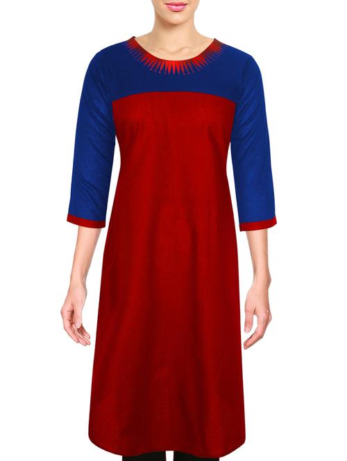 red, blue cotton straight kurta - 10082593 - Very Small Image - 1
