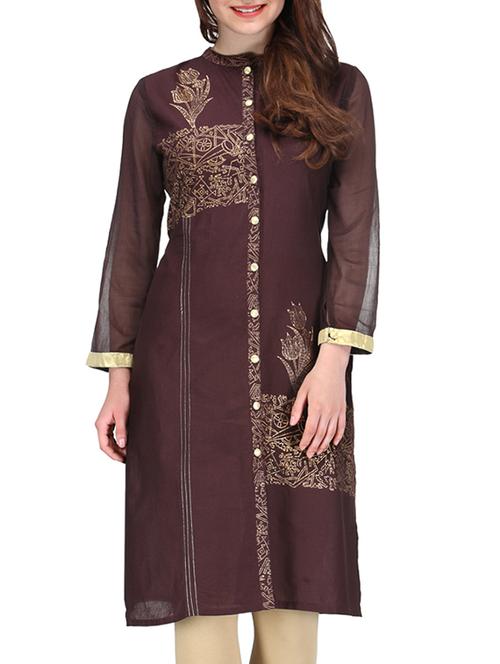 coffee cotton straight kurta - 10086517 - Very Small Image - 1