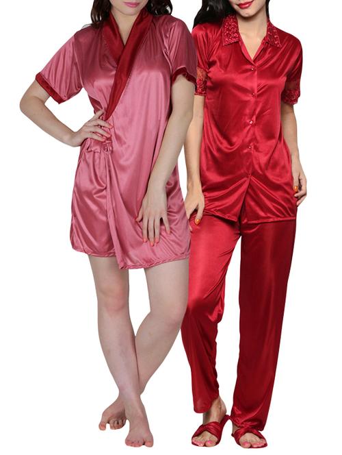 satin combo of housecoat and top & pyjama set (peachpuff, red, free size) - 10091371 - Very Small Image - 1