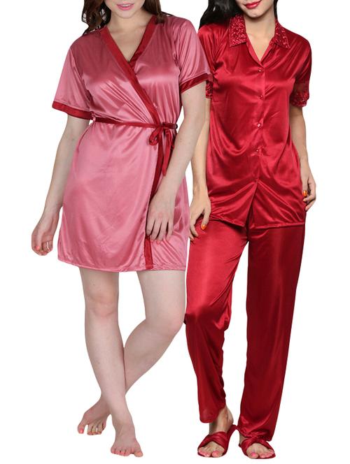satin combo of housecoat and top & pyjama set (peachpuff, red, free size) - 10091372 - Very Small Image - 1