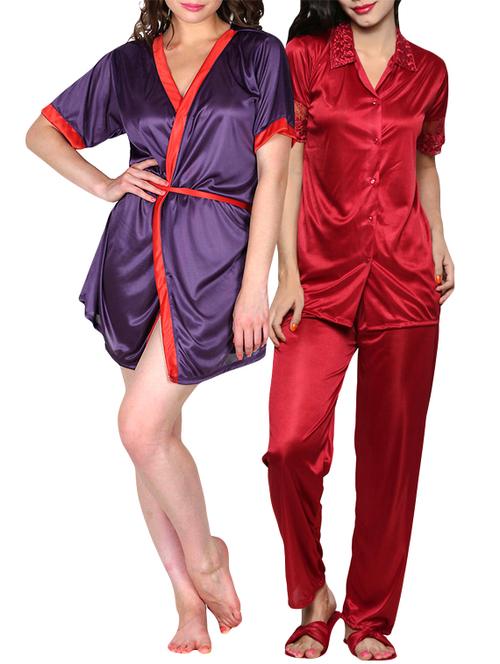 satin combo of housecoat and top & pyjama set (purple, red, free size) - 10091373 - Very Small Image - 1