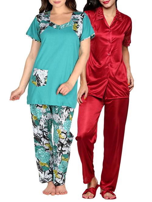 satin nightsuit and top & pyjama set (green, red, free size) - 10091408 - Very Small Image - 1