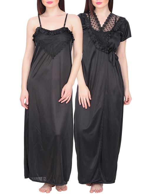 set of black colored satin nighty kimono - 10091449 - Very Small Image - 1