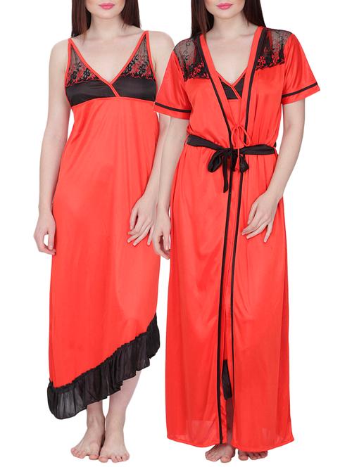 satin nighty with robe (red, free size) - 10091458 - Very Small Image - 1