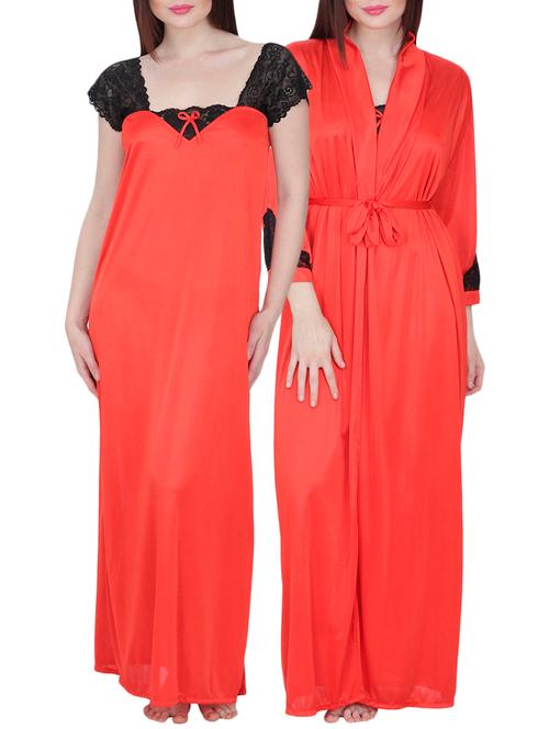 satin nighty with robe (red, free size) - 10091459 - Very Small Image - 1