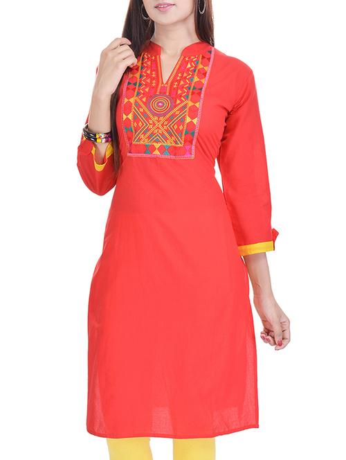 red cotton straight kurta - 10098942 - Very Small Image - 1