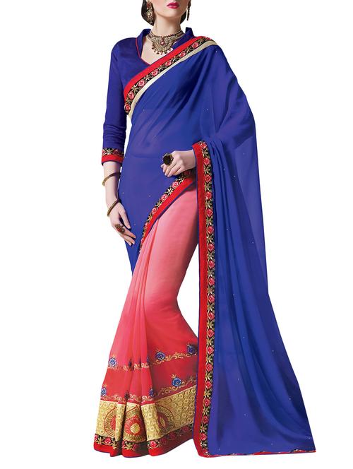 blue, red georgette saree - 10099145 - Very Small Image - 1
