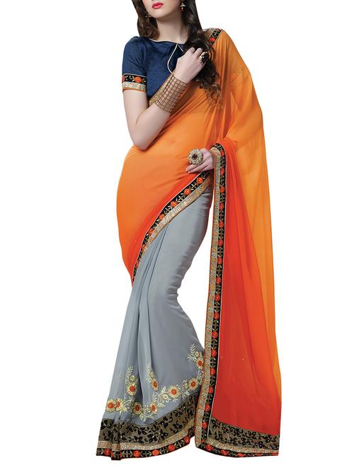 orange, grey georgette saree - 10099147 - Very Small Image - 1