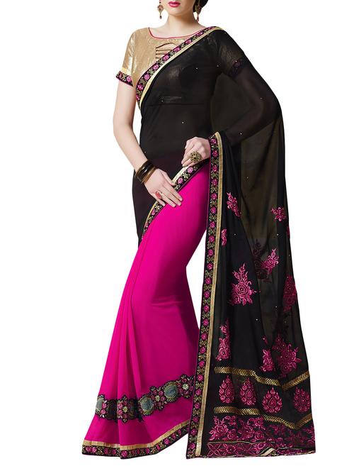 black, pink georgette saree - 10099156 - Very Small Image - 1