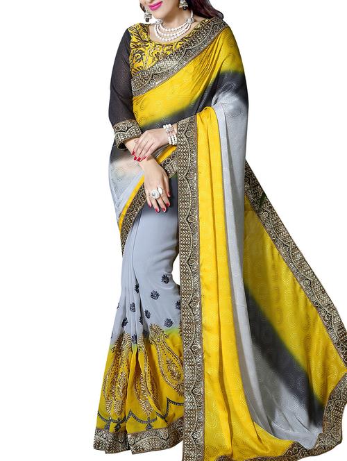 yellow, grey crepe saree - 10099168 - Very Small Image - 1