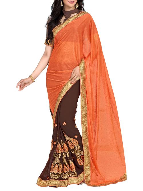 orange, brown georgette saree - 10099190 - Very Small Image - 1