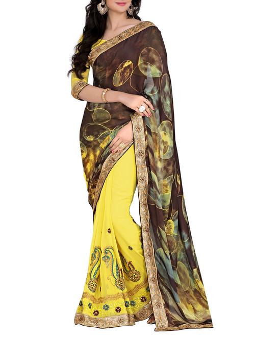 brown, yellow georgette saree - 10099193 - Very Small Image - 1