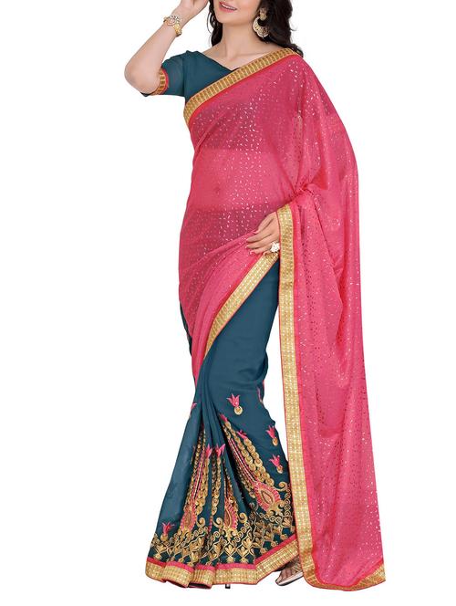 pink, green georgette saree - 10099196 - Very Small Image - 1