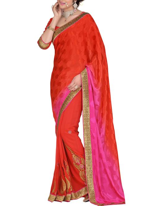 red, pink georgette saree - 10099198 - Very Small Image - 1