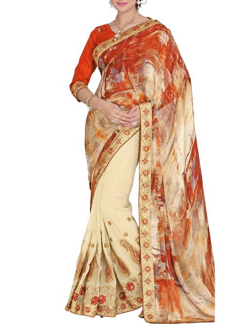 beige, red georgette saree - 10099199 - Very Small Image - 1