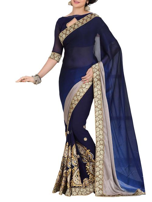 dark blue georgette saree - 10099202 - Very Small Image - 1