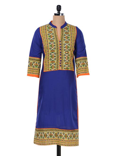 printed blue kurta with mirror work - 1010529 - Very Small Image - 1