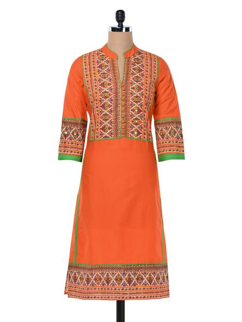 printed orange kurta with mirror work - 1010530 - Very Small Image - 1