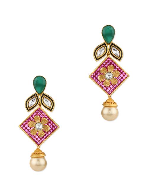 adwitiya collection 24k gold plated pink stones and kundan embellished drop earrings - 10119324 - Very Small Image - 1