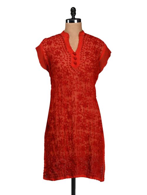 Red Aari work Mandarin Collar Kurta - 1012391 - Very Small Image - 1