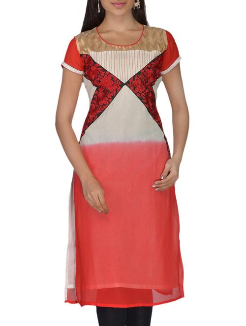red , cream faux georgette kurti - 10126701 - Very Small Image - 1