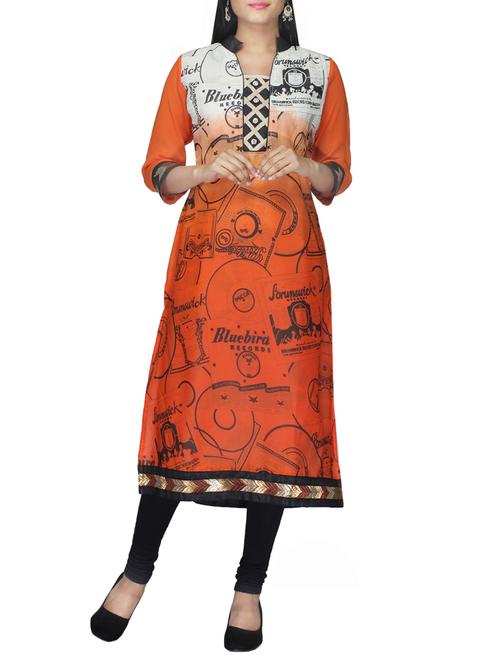 orange & off white faux georgette kurti - 10126719 - Very Small Image - 1
