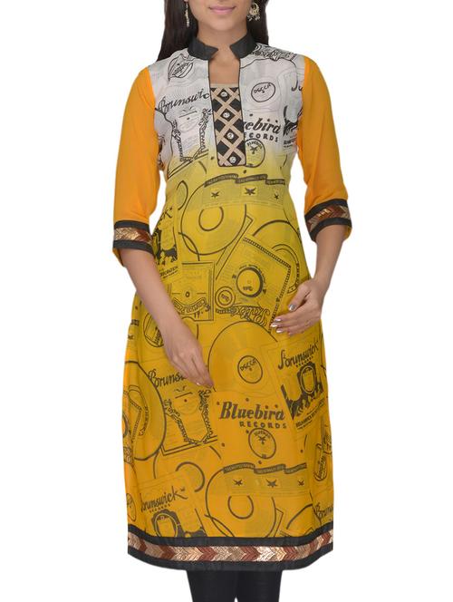 yellow , off white faux georgette kurti - 10126720 - Very Small Image - 1