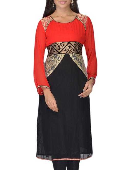 red , black faux georgette kurti - 10126746 - Very Small Image - 1