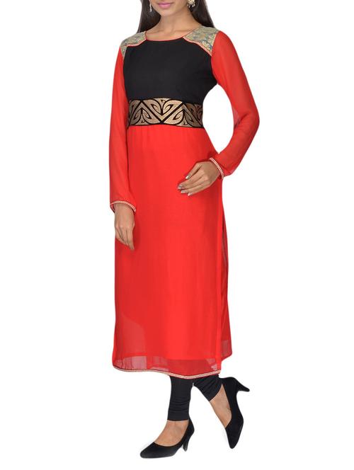 red , black faux georgette kurti - 10126747 - Very Small Image - 1
